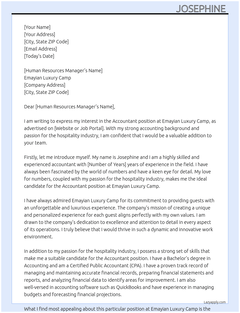 Accountant  At Emayian Luxury Camp Cover Letter