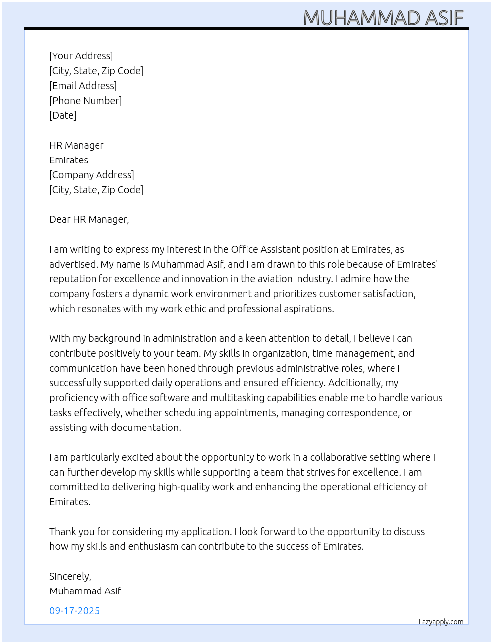 Office Assistant  At Emirates  Cover Letter