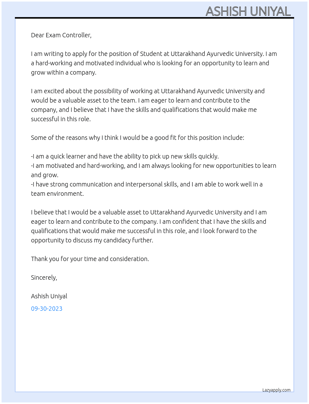 Student  At Uttarakhand ayaurvedic University  Cover Letter