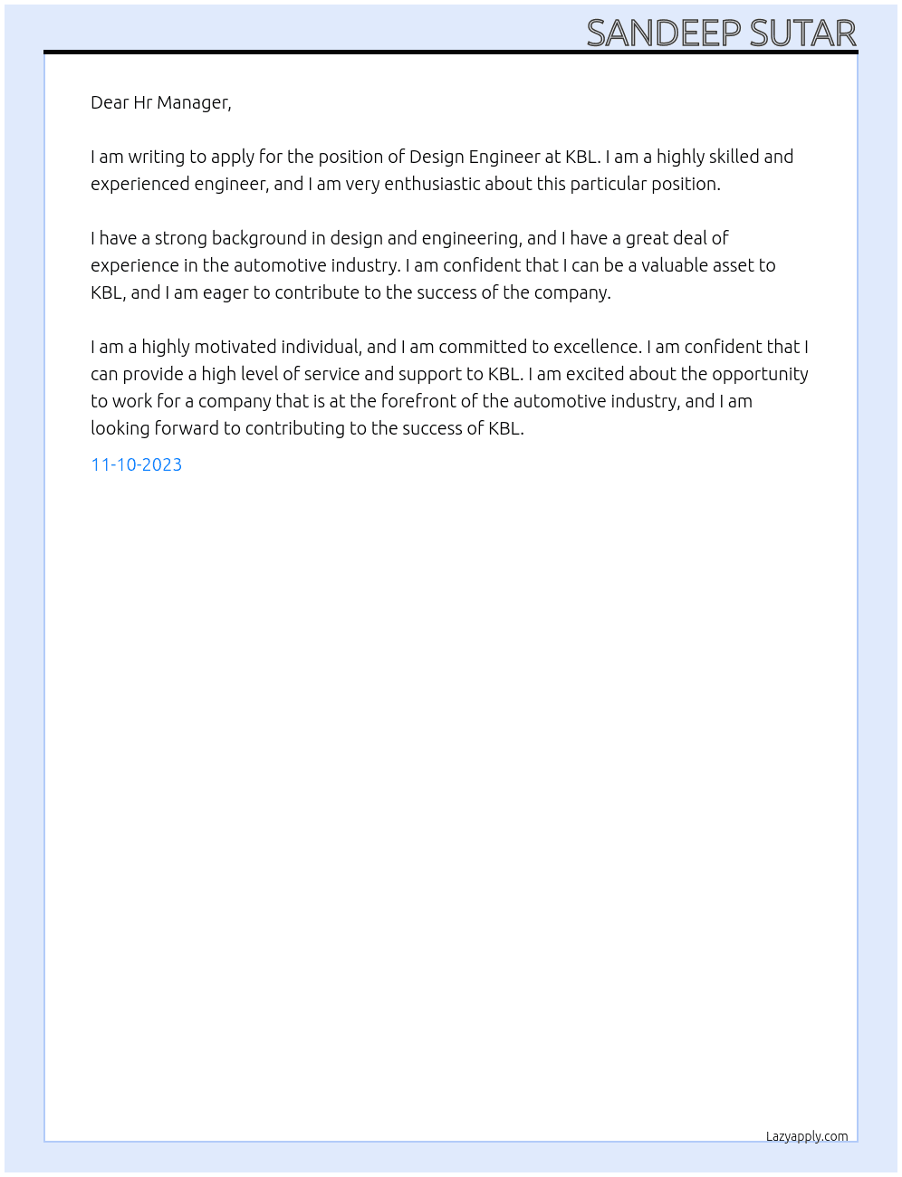 Design Engineer At KBL Cover Letter