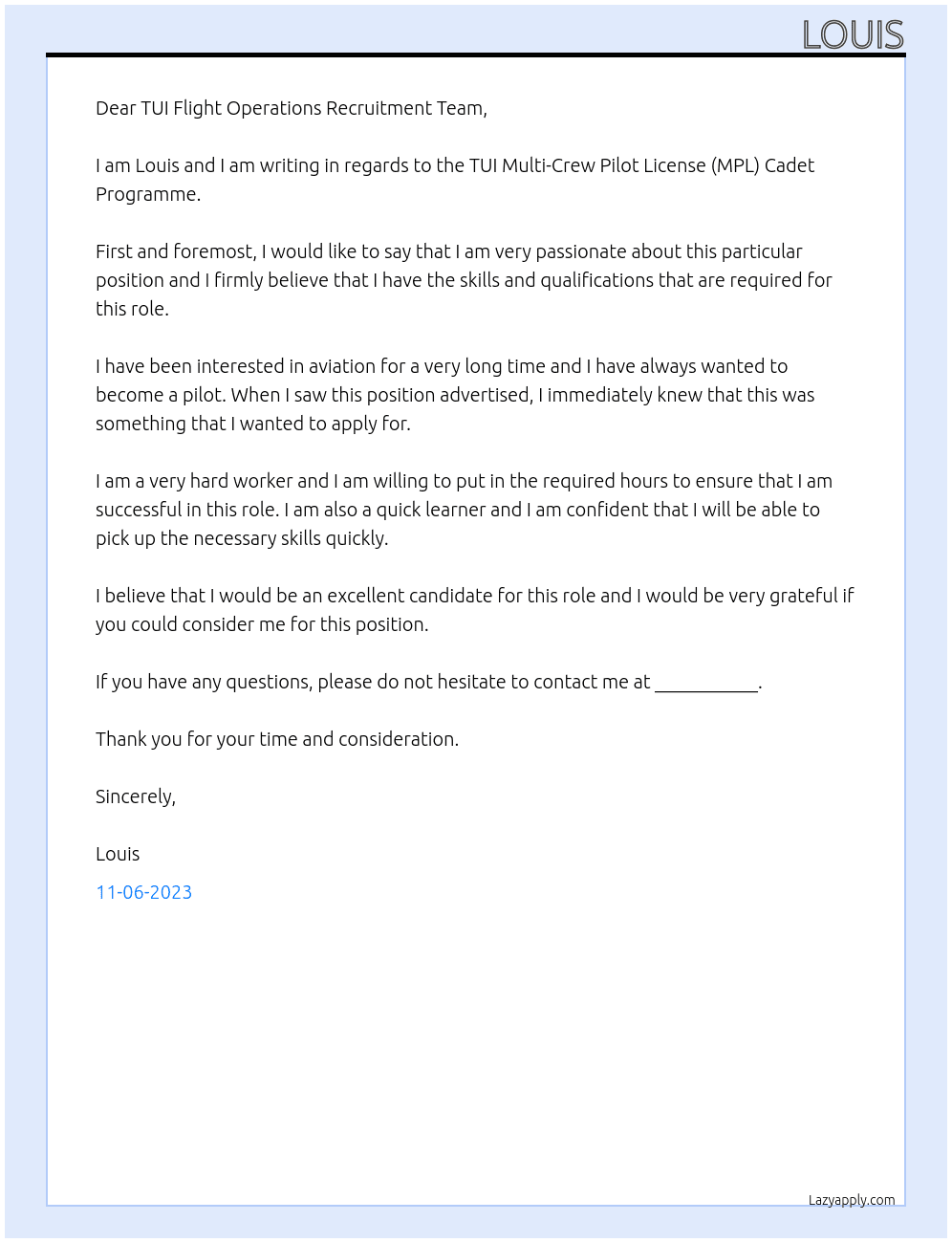 TUI Multi-Crew Pilot License (MPL) Cadet Programme At TUI Group Cover Letter