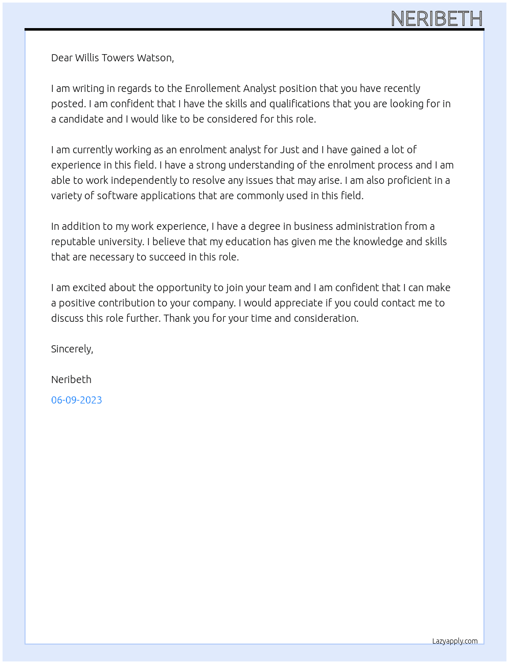 Enrollement Analyst At Juat Cover Letter