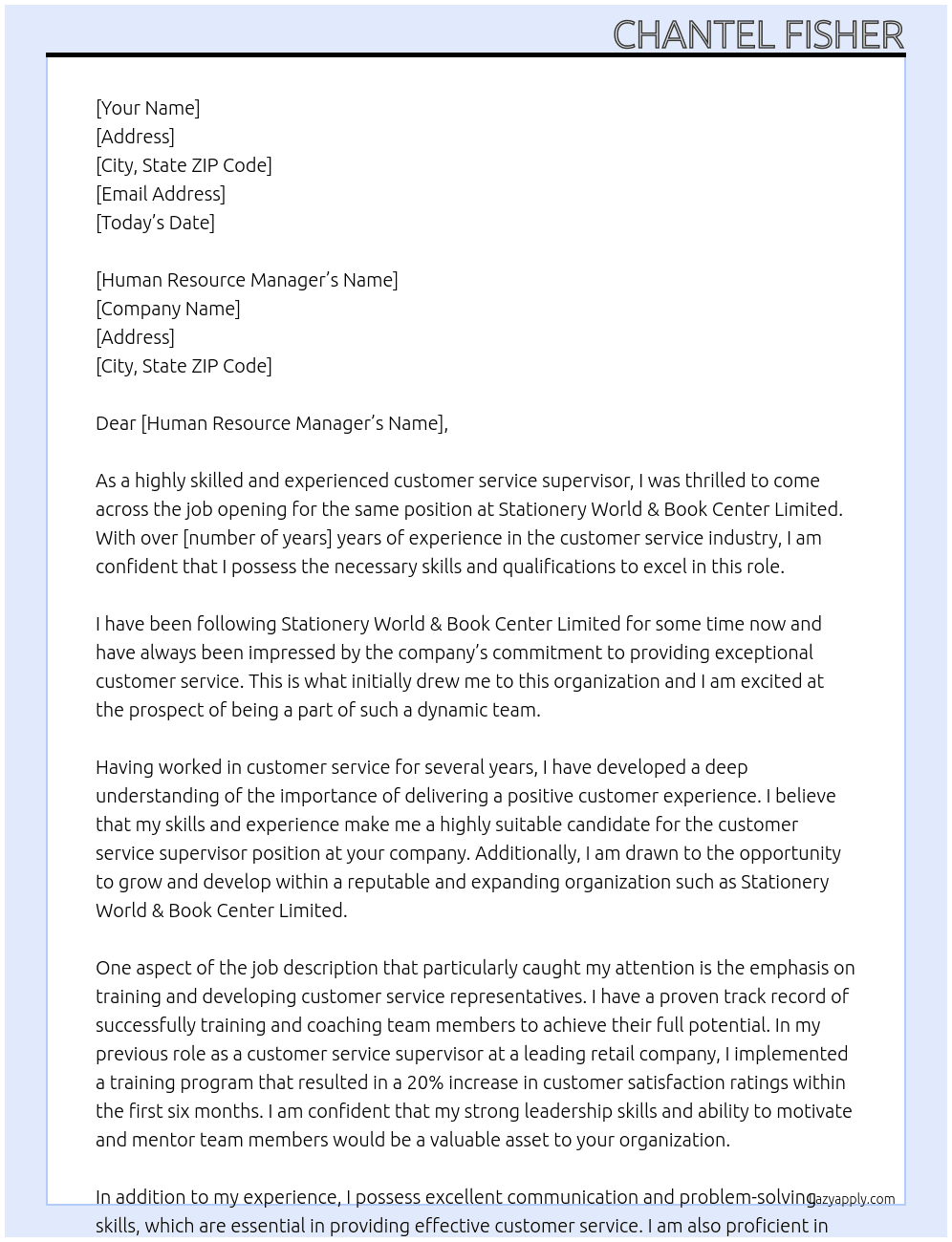 Customer Service Supervisor At Stationery World & Book Center Limited Cover Letter