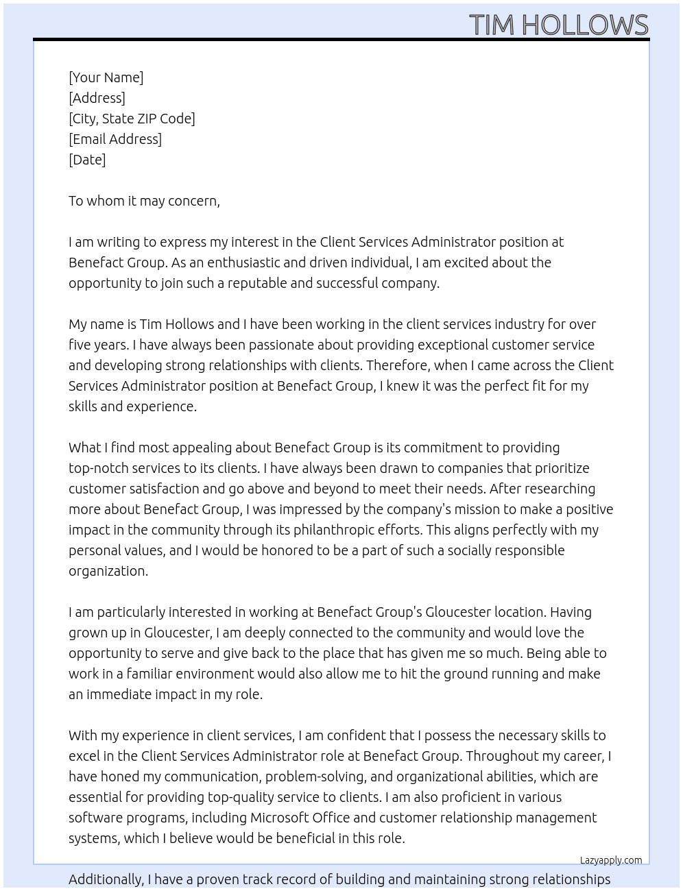 Client Services Administrator  At Benefact Group Cover Letter