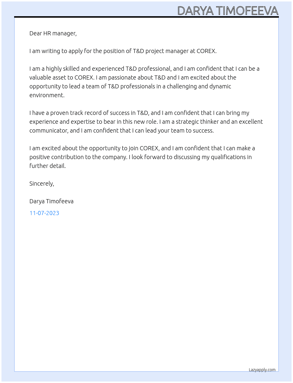 T&D project manager At COREX Cover Letter