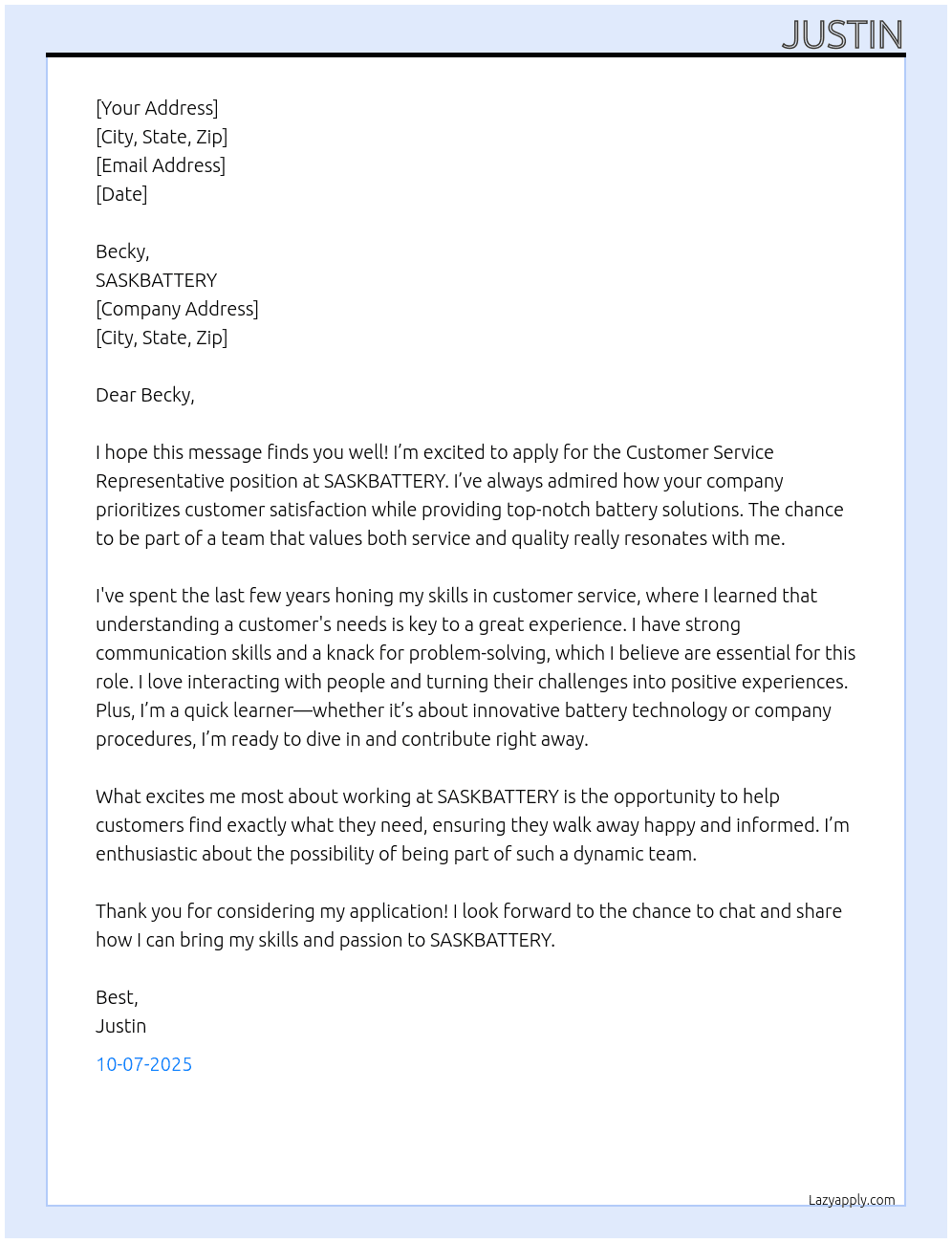 Customer Service Representative  At SASKBATTERY  Cover Letter