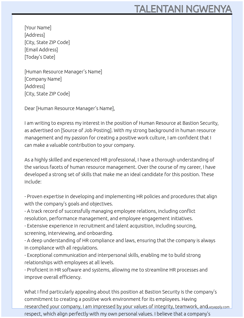Human Resource At Bastion Security Cover Letter