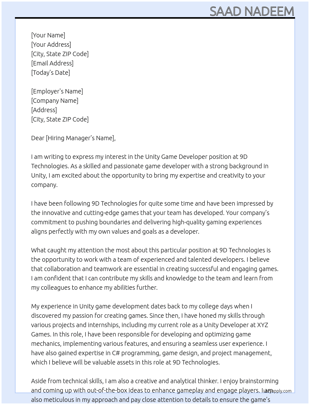 Unity Game Develeoper At 9D Technologies Cover Letter