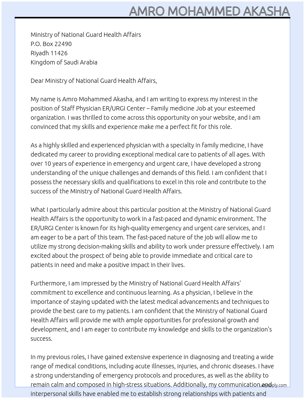 Staff Physician ER/URGI Center – Family medicine Job At  Ministry of National Guard Health Affairs Cover Letter