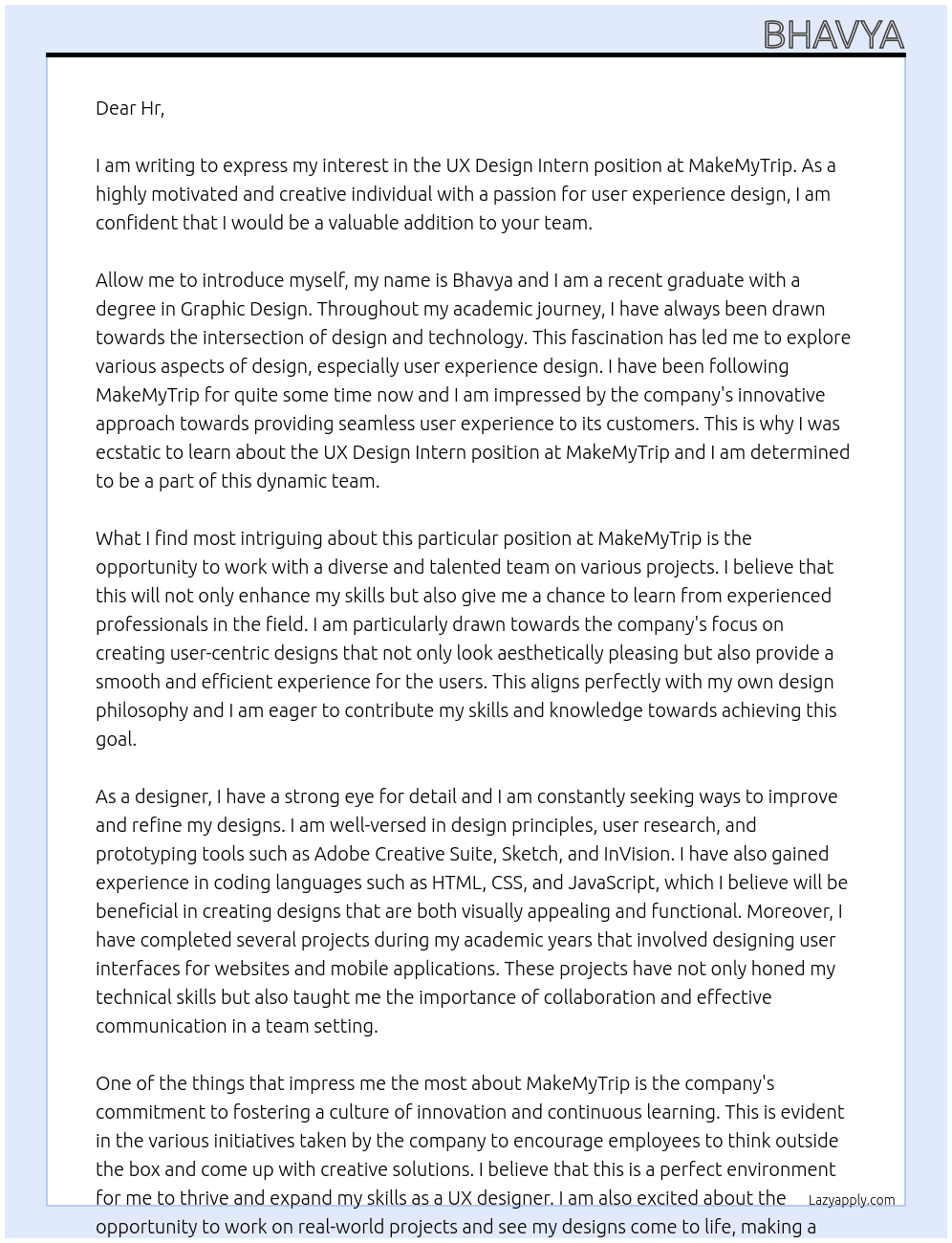 UX design intern  At MakeMyTrip  Cover Letter