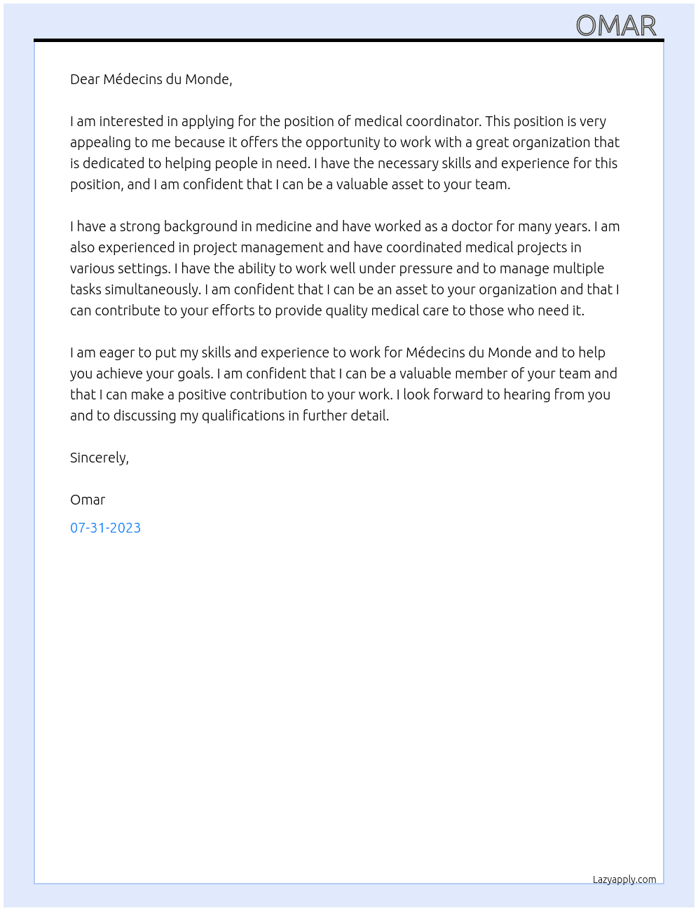 Medical coordinator At Médecins du Monde Cover Letter