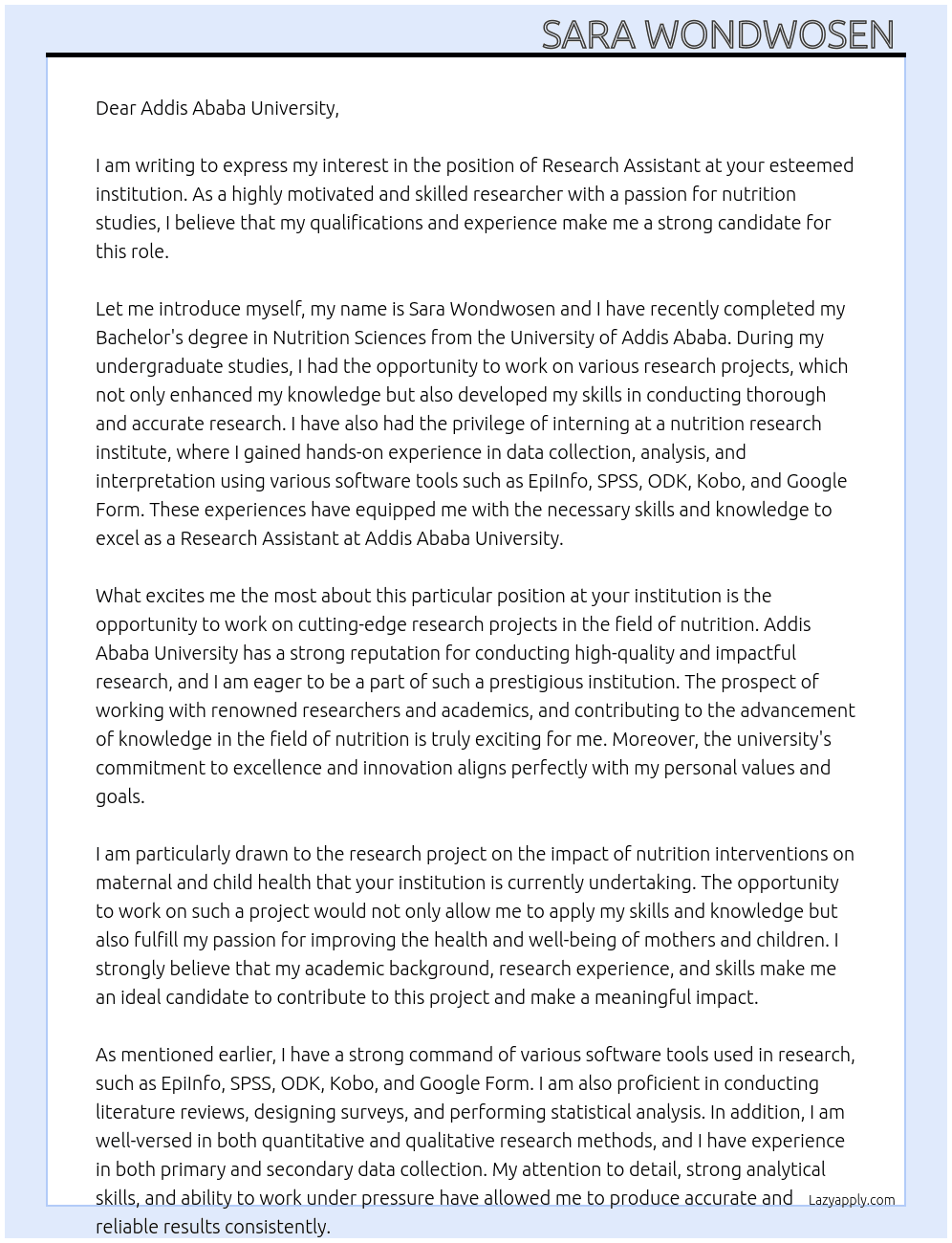 Research Assistant  At Addis Ababa University  Cover Letter