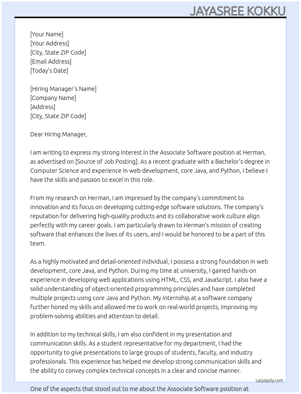 Associate software  At Herman  Cover Letter