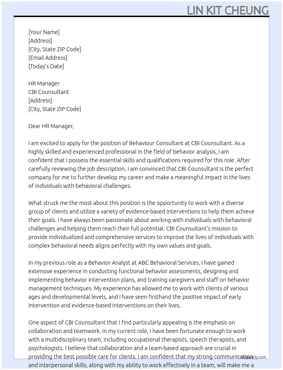 BEHAVIOUR CONSULTANT At CBI Counsultant Cover Letter