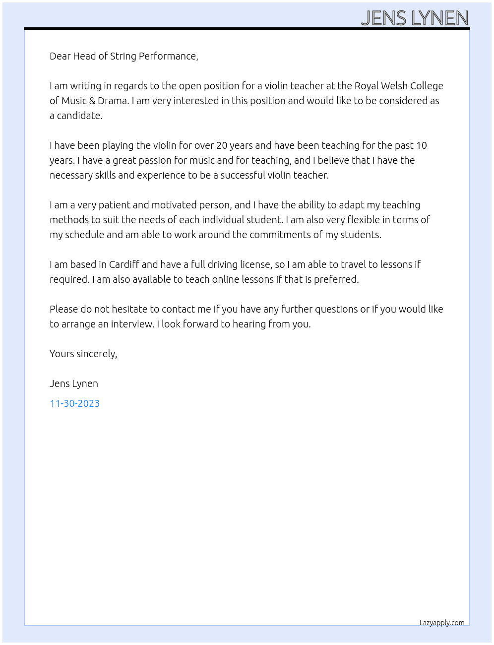 violin teacher At Royal Welsh College of Music & Drama Cover Letter