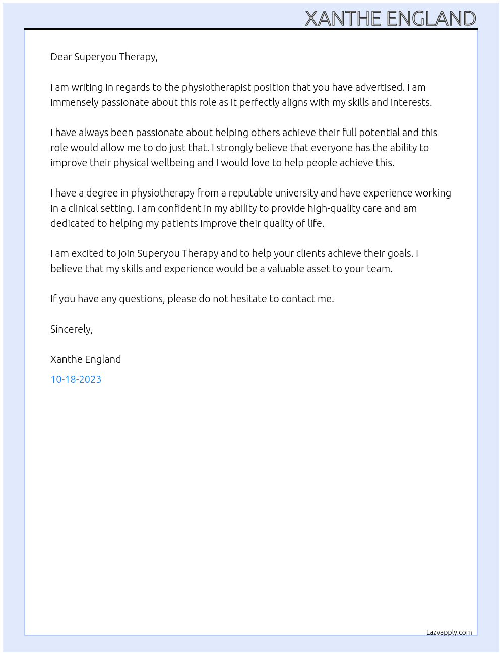 Physiotherapist At Superyou Therapy Cover Letter
