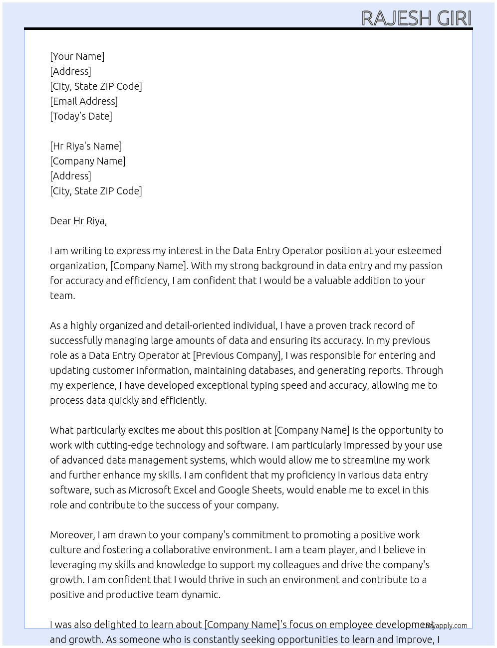 Date Entry Operator At this Cover Letter