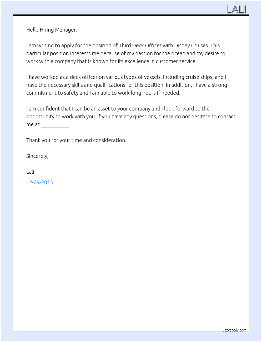 third deck officer At Disney cruises Cover Letter