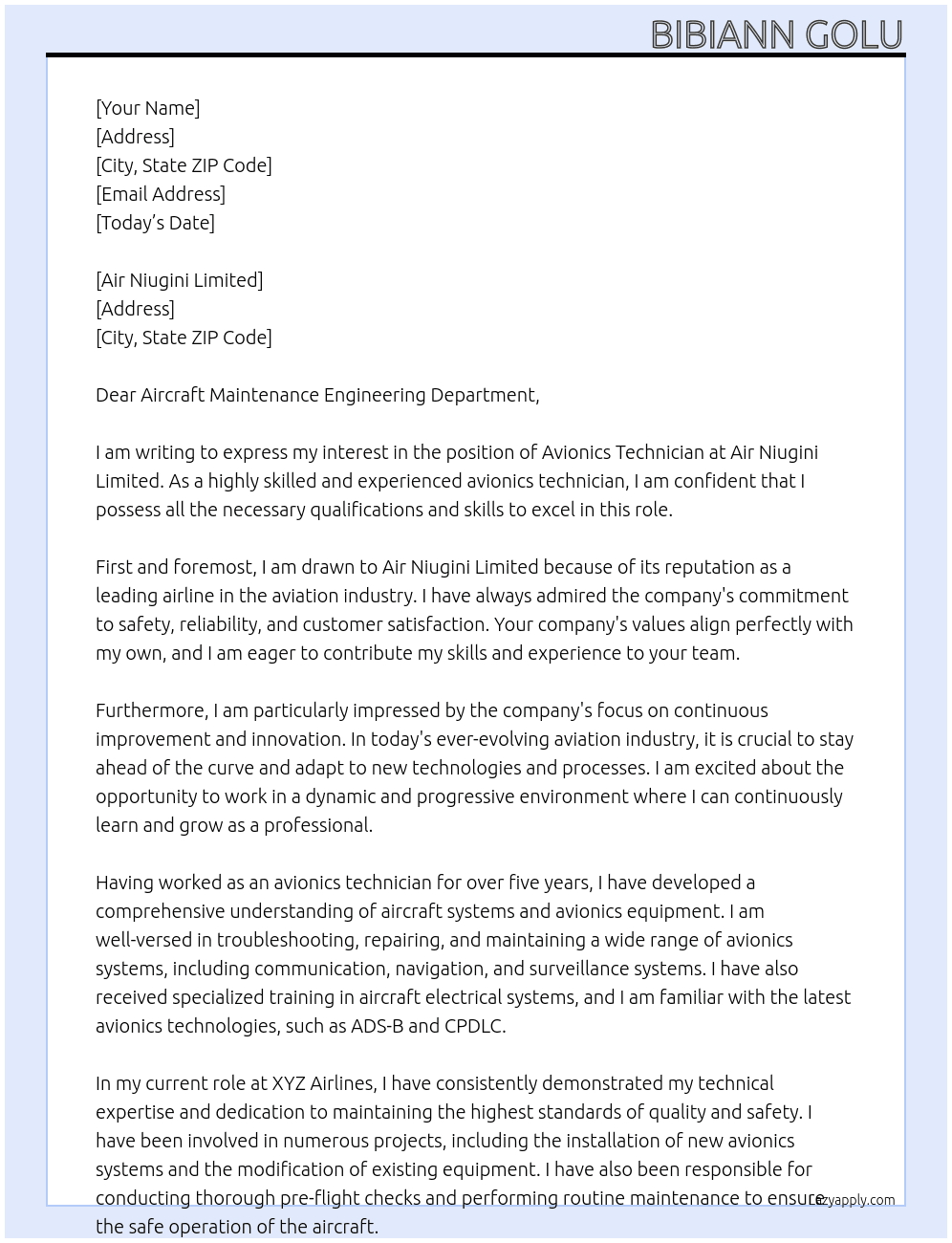 Avionics technician  At Air Niugini Limited Cover Letter