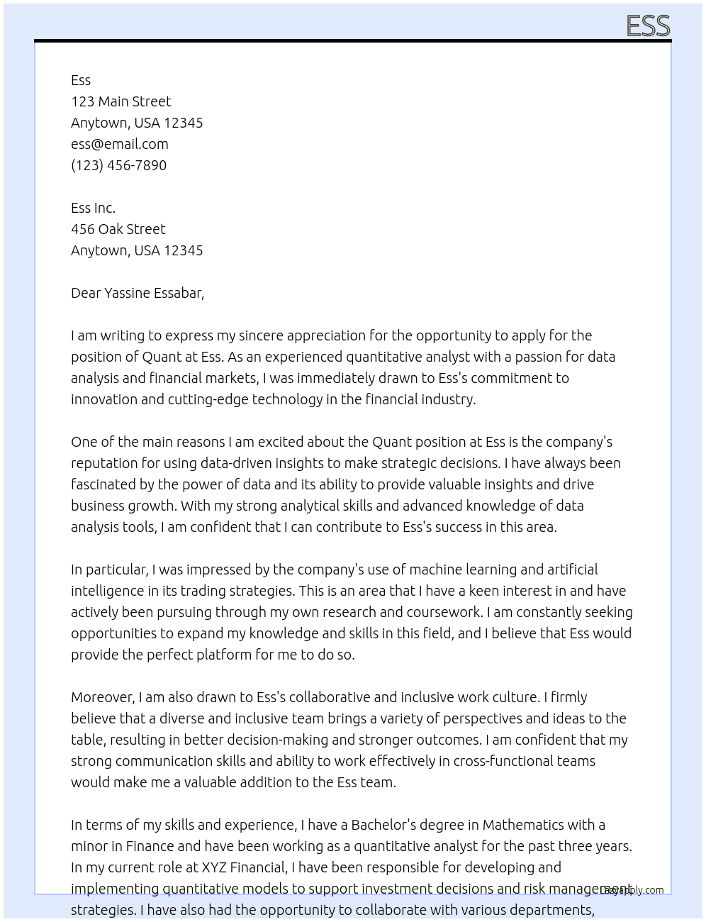 Quant At Ess Cover Letter