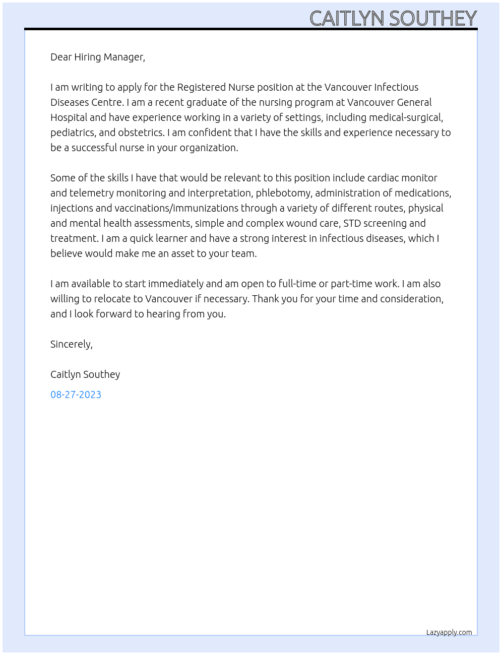 Registered Nurse At Vancouver Infectious Diseases Centre Cover Letter