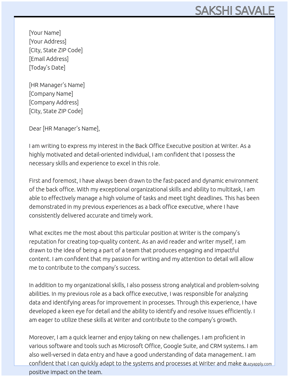 Back office Executive At Writer Cover Letter