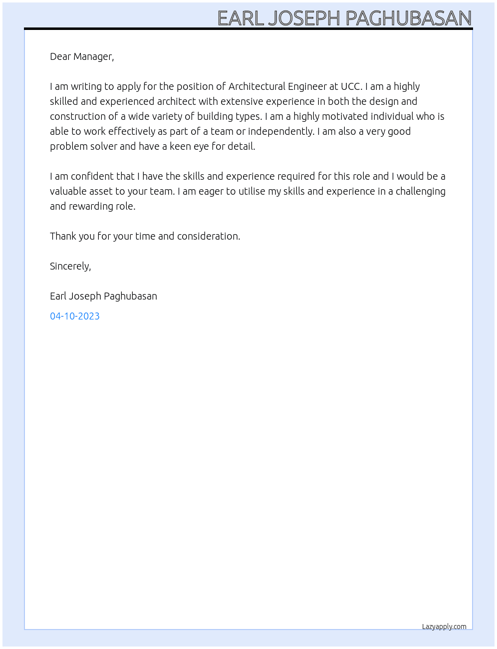 Architectural Engineer At UCC Cover Letter