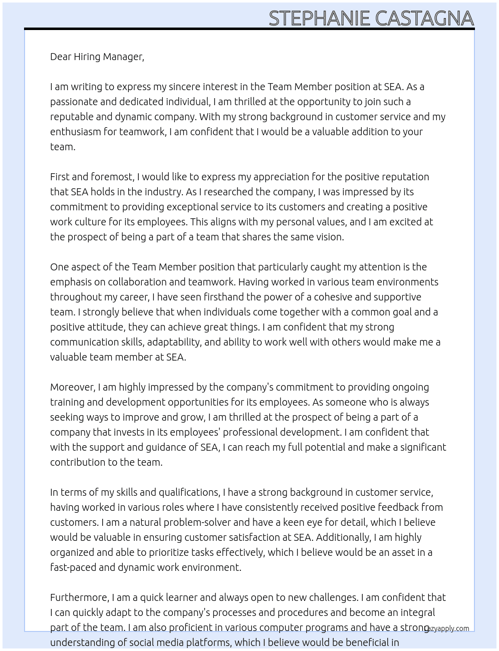 Team Member At SEA Cover Letter