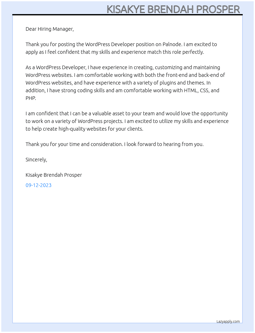 WordPress Developer  At Palnode  Cover Letter