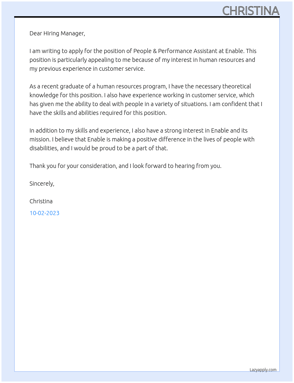 People & Performance Assistant (HR Graduate) At Enable Cover Letter