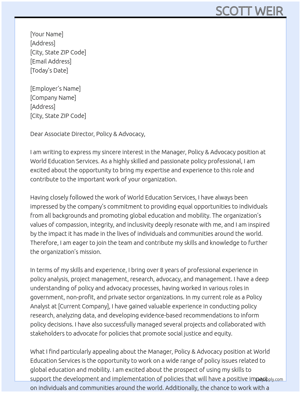 Manager, Policy & Advocacy At World Education Services Cover Letter
