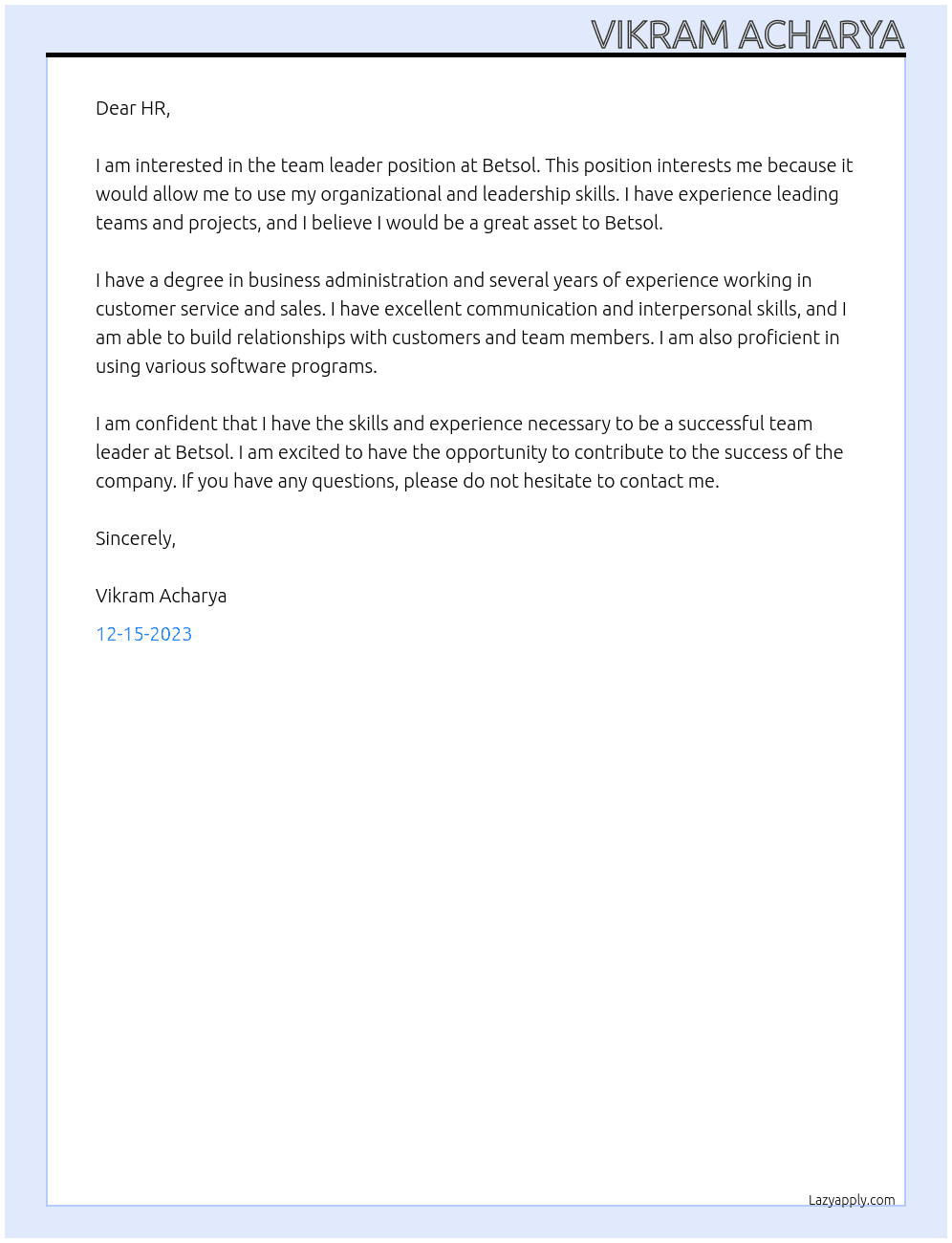 Team Leader At Betsol Cover Letter