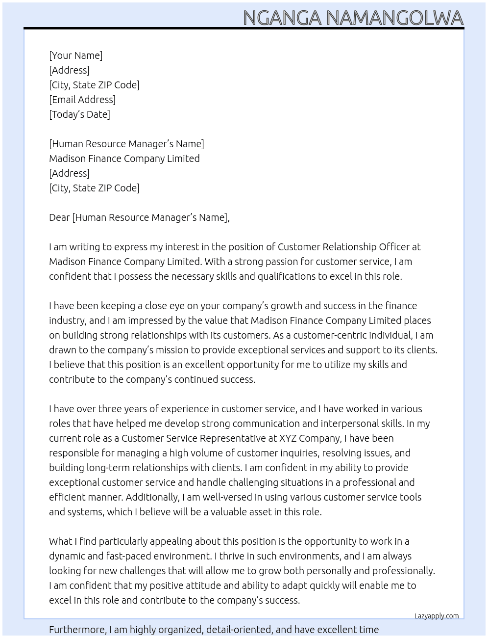 Customer Relationship Officer At Madison Finance Company Limited Cover Letter