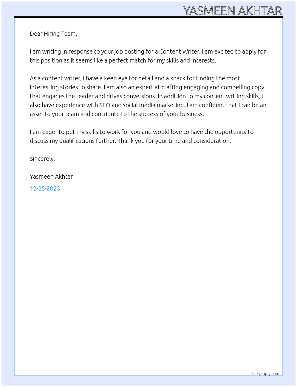 Content writer At Lever Cover Letter