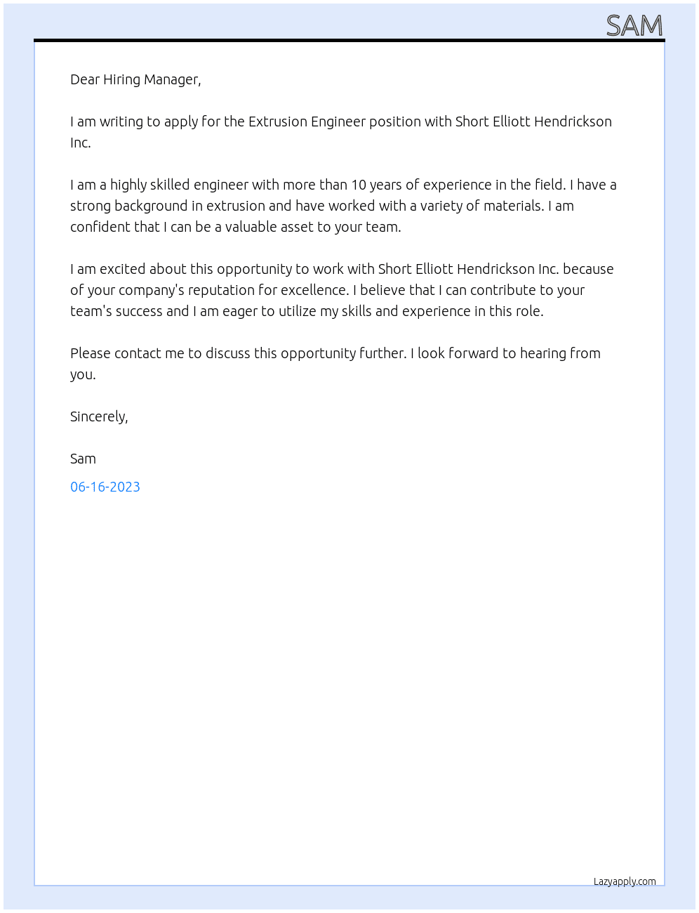 Extrusion Engineer At Short Elliott Hendrickson Inc. Cover Letter