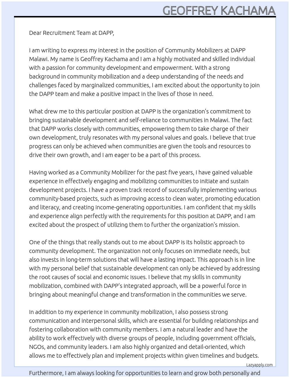 Community mobilizers  At DAPP Cover Letter