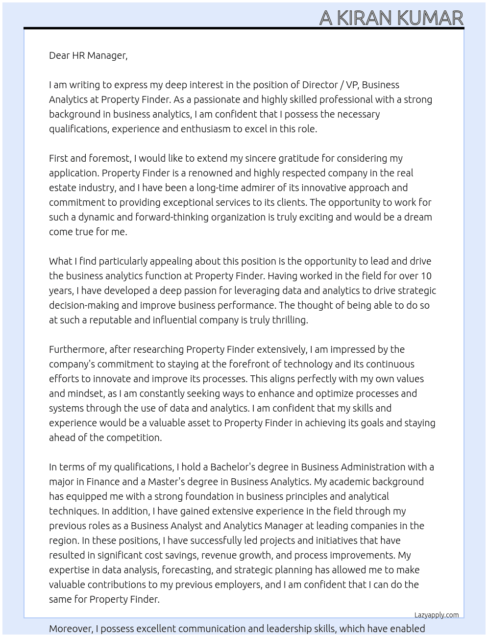 Director / VP, Business Analytics (Based in Dubai) At Property Finder Cover Letter