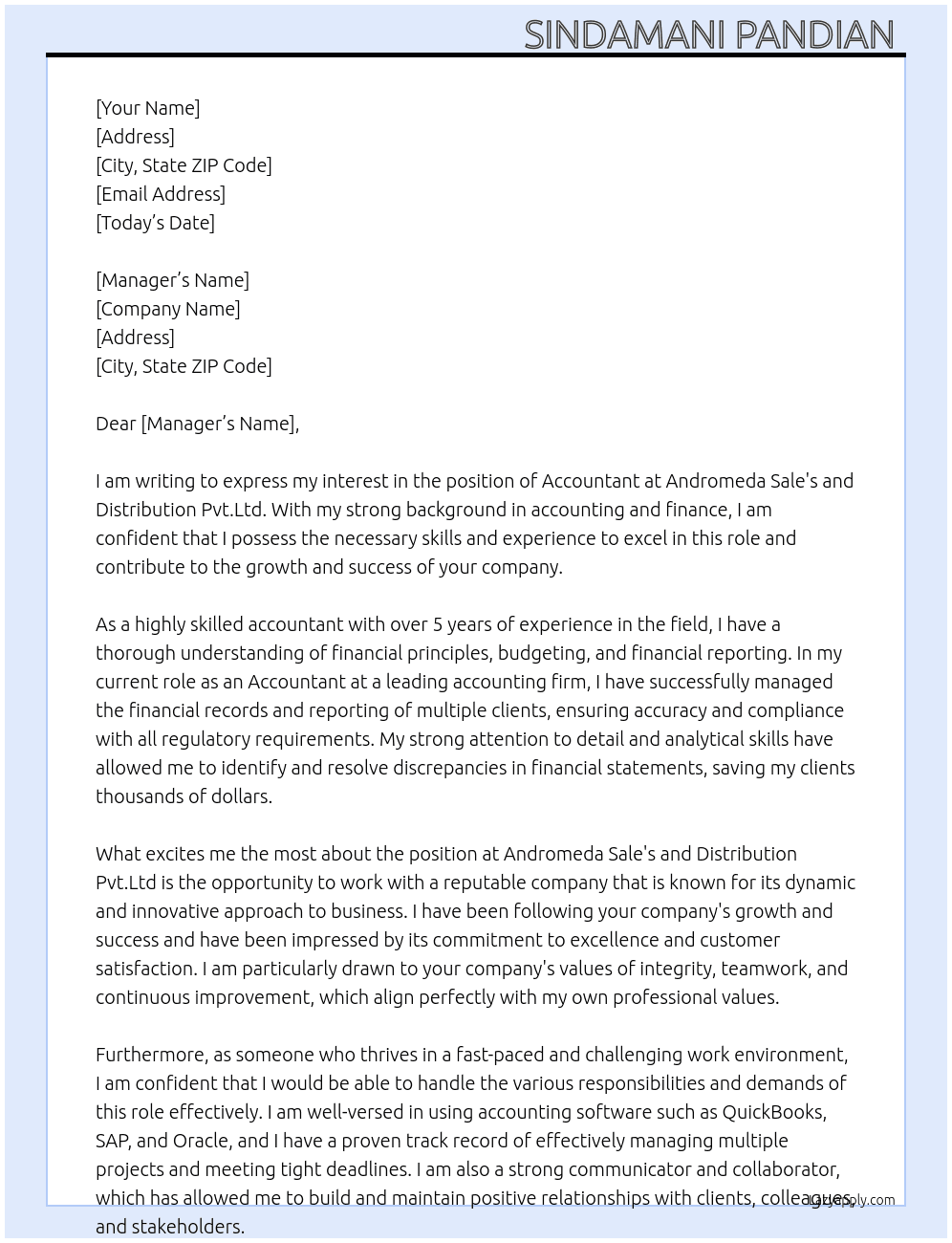 Accountant  At Andromeda sale's and Distribution Pvt.Ltd Cover Letter