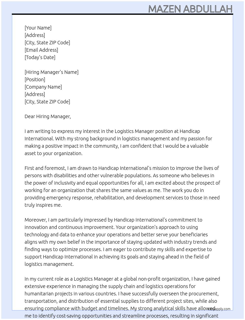 logistics Manager  At Handicap International  Cover Letter