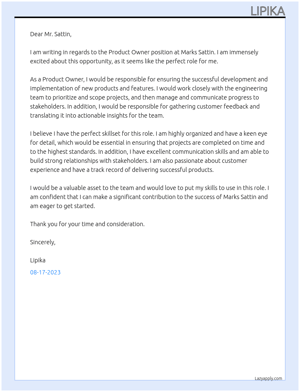 Product owner At Marks Sattin Cover Letter