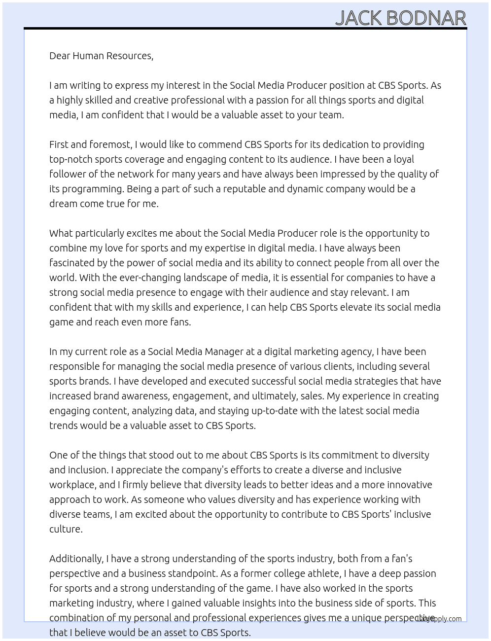 Social Media Producer At CBS Sports Cover Letter