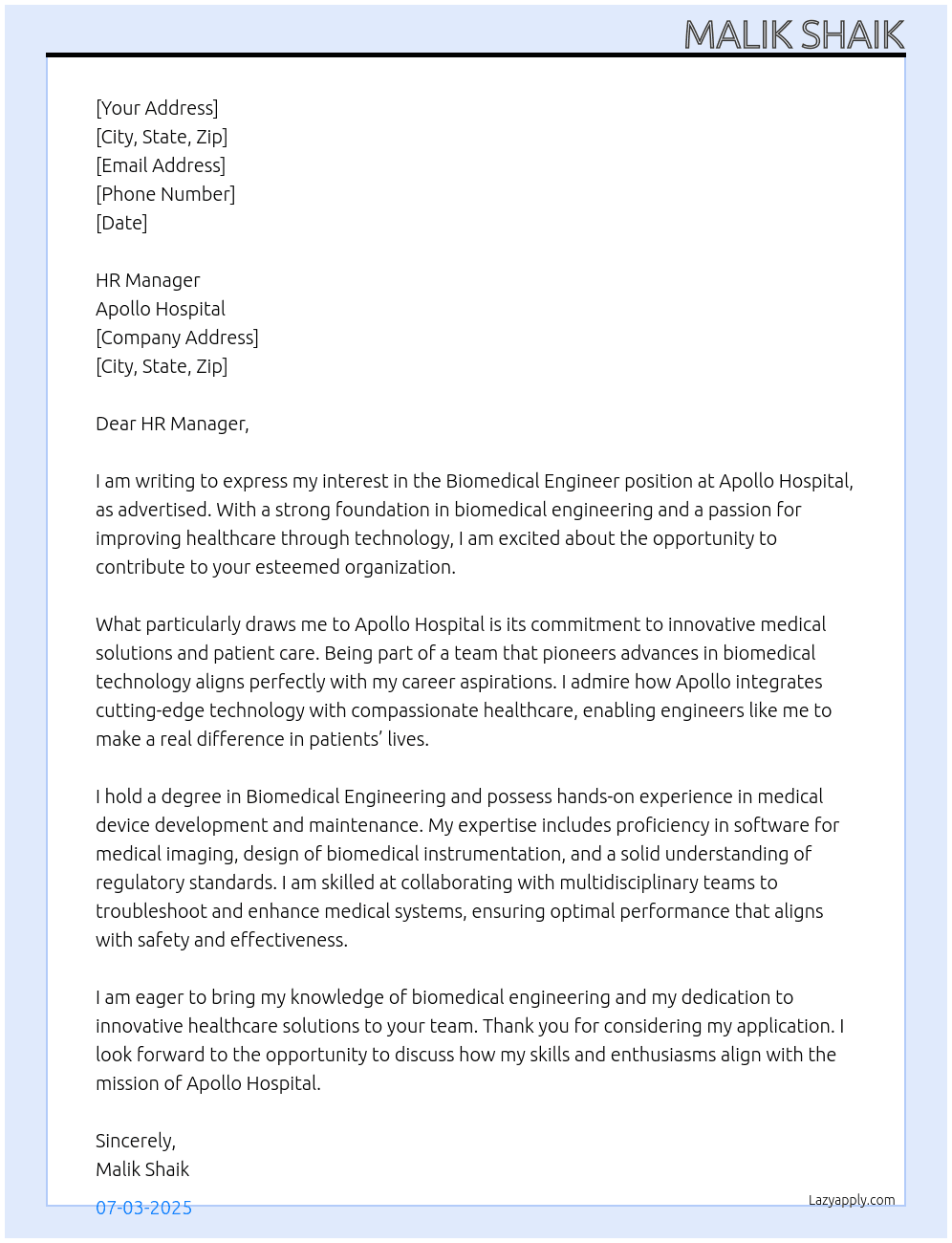 Biomedical engineer  At Apollo hospital Cover Letter