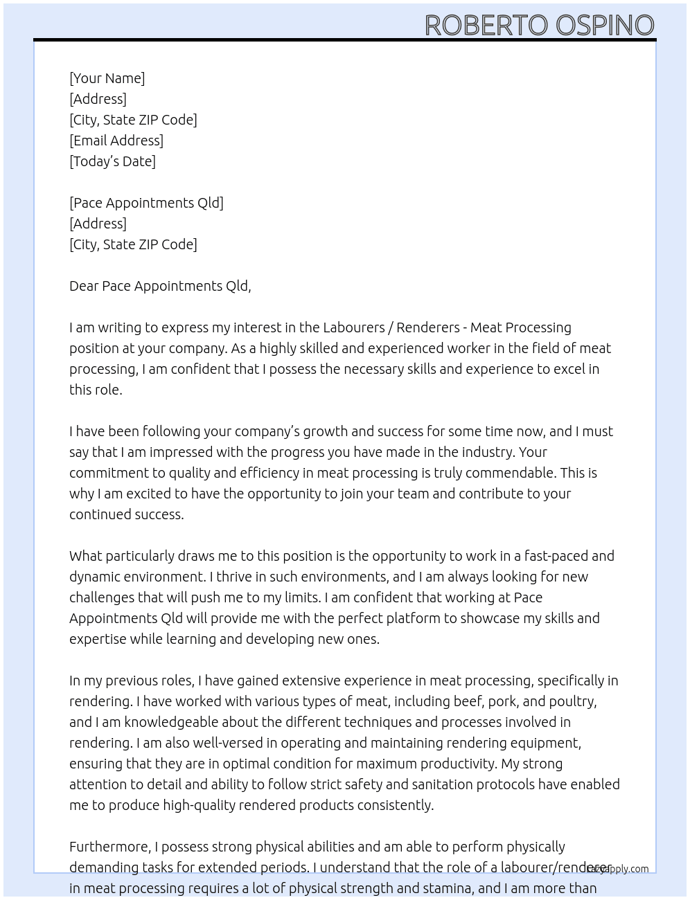 Labourers / Renderers - Meat Processing At Pace Appointments Qld Cover Letter
