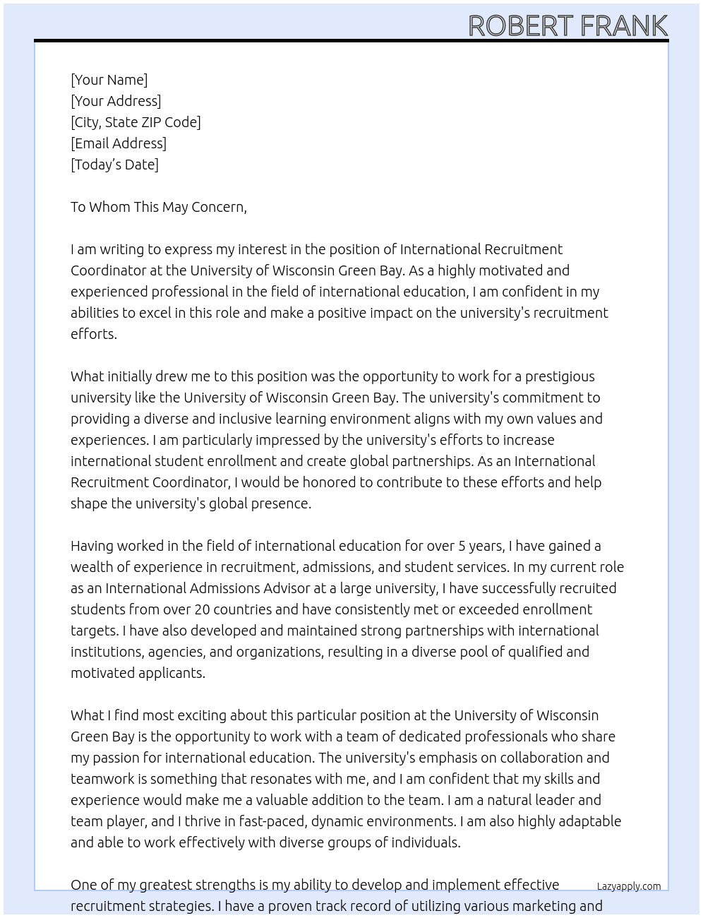 International Recruitment Coordinator At University of Wisconsin Green Bay Cover Letter