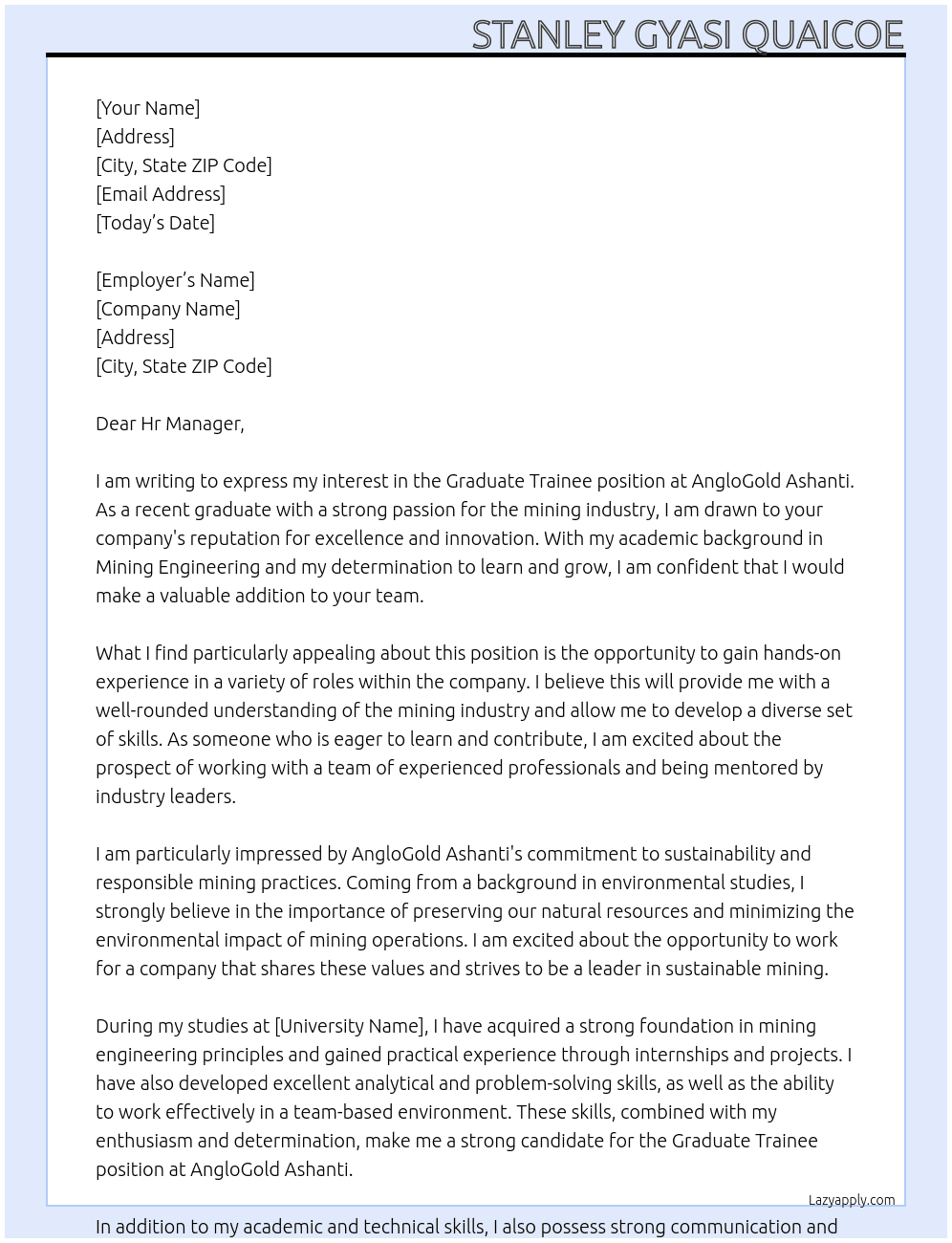 Graduate Trainee At AngloGold Ashanti Cover Letter