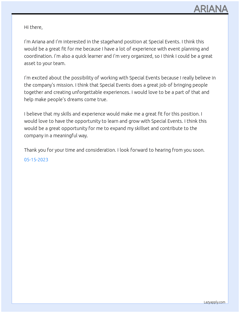 Stagehand At Special Events Cover Letter