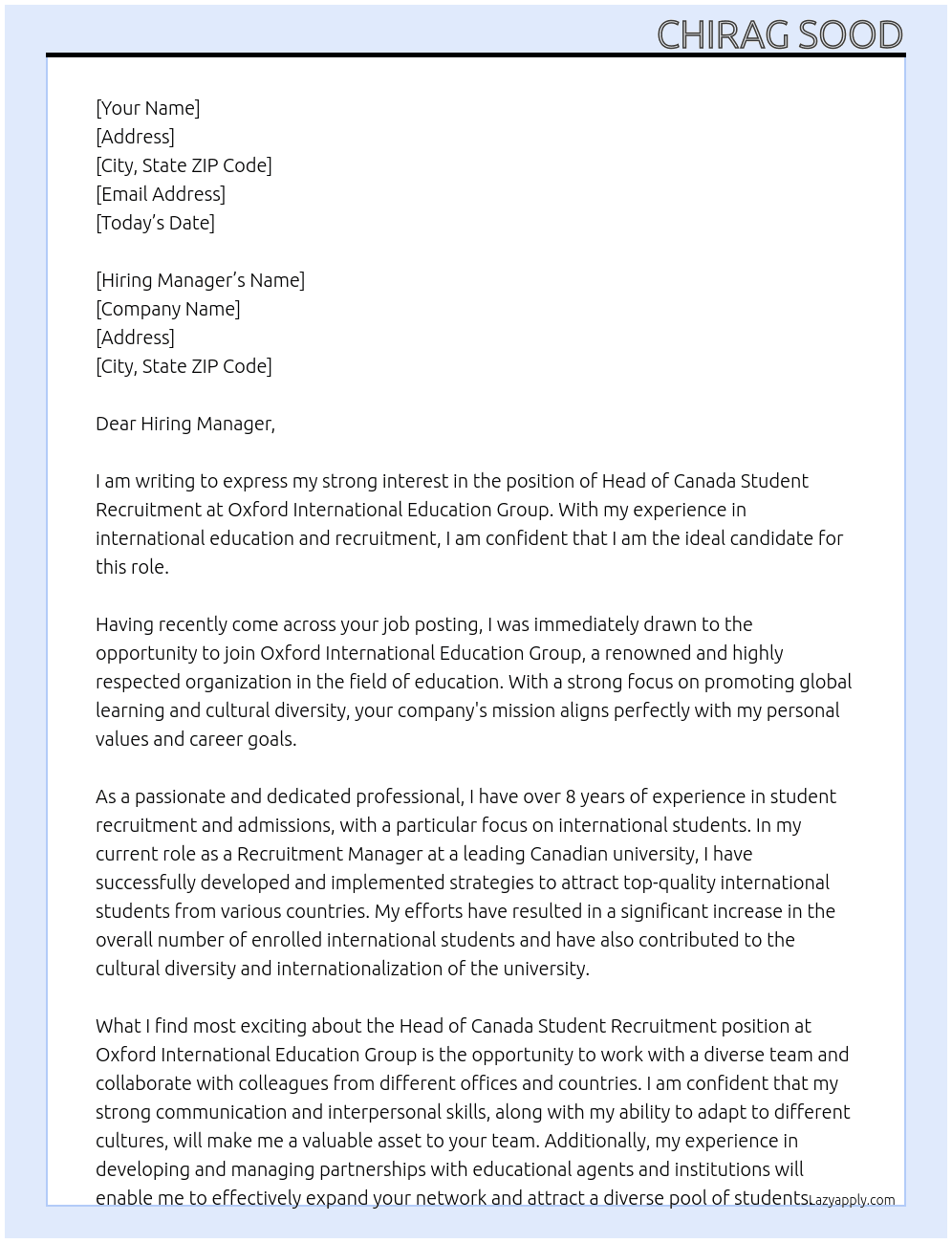 Head of Canada Student Recruitment  At Oxford International Education Group Cover Letter