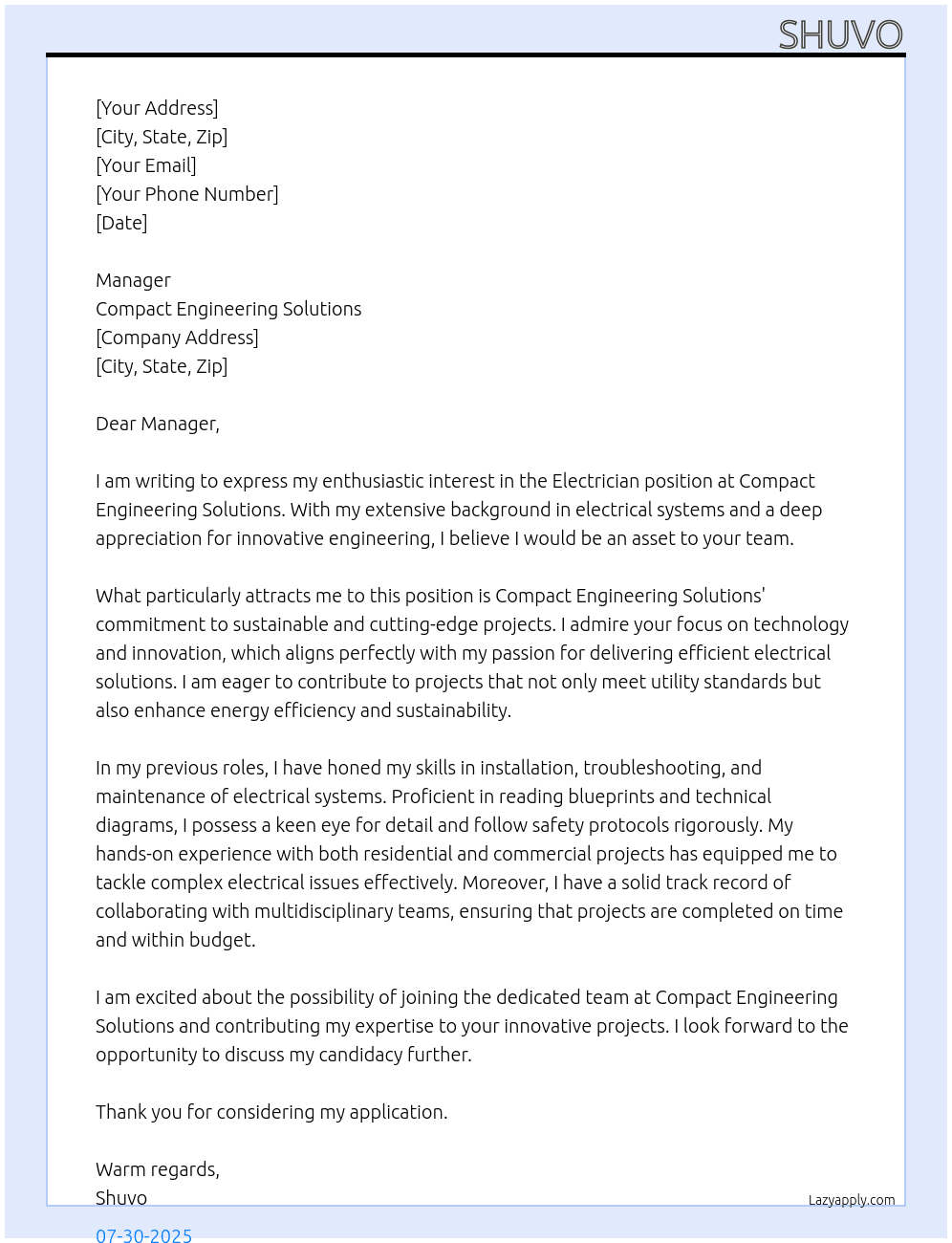 Electrician  At Compact engineering solution  Cover Letter