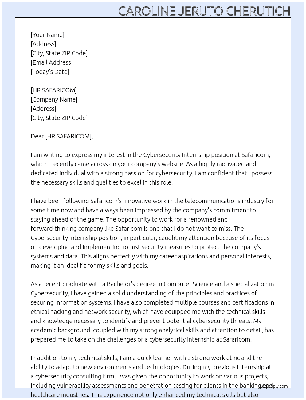 Cybersecurity internship  At Safaricom Cover Letter
