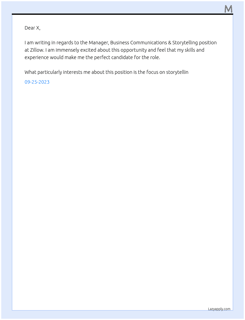Manager, Business Communications & Storytelling At Zillow Cover Letter